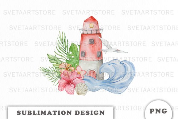 Watercolor Lighthouse with Wave PNG