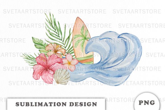 Watercolor Surf Board with Wave PNG Review